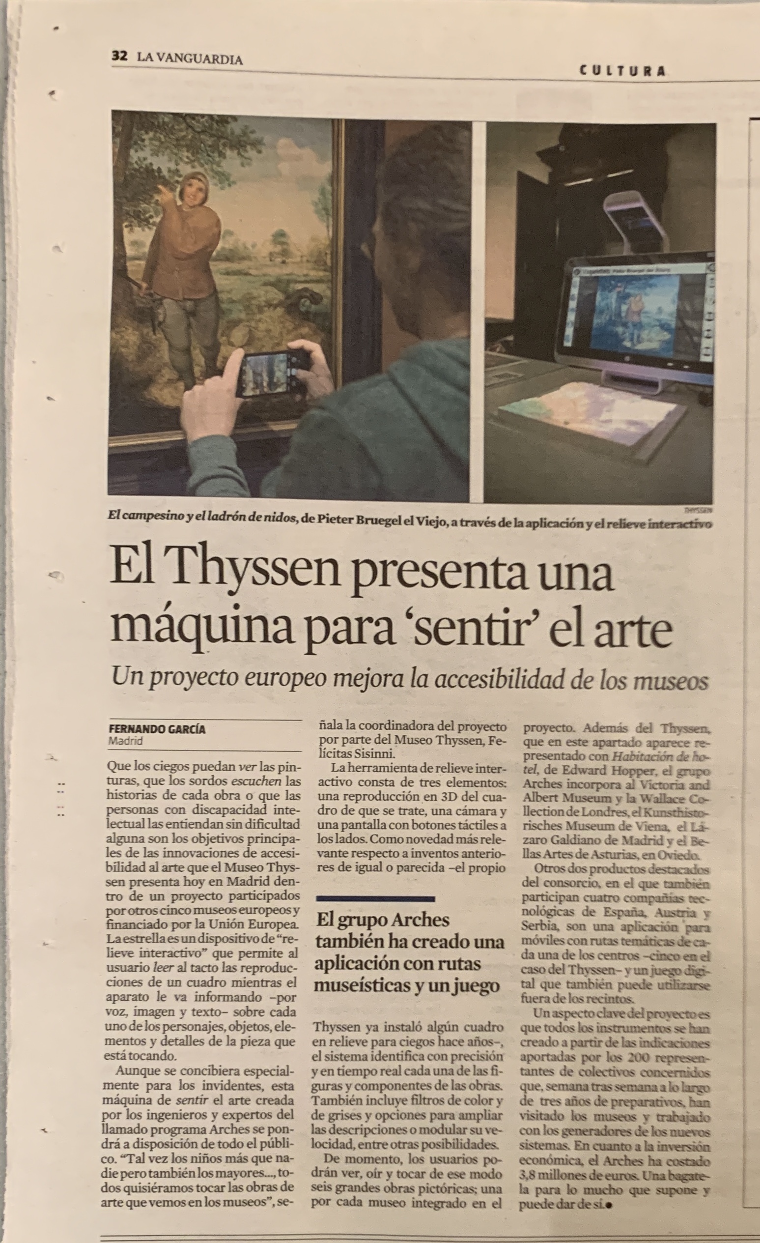 Full page printed article in the second largest newspaper in Spain, on ARCHES Final Event